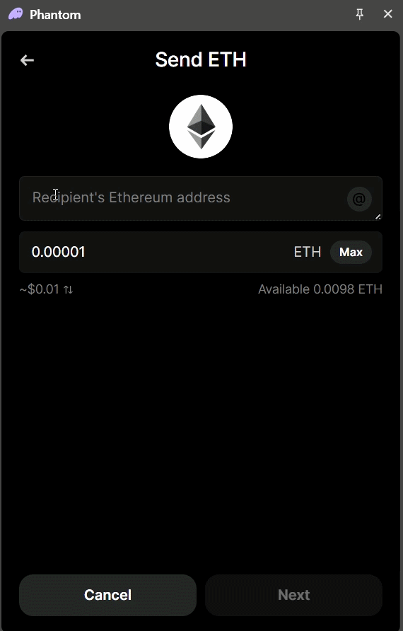Phantom Wallet correctly resolves the address for Ξthereum.eth